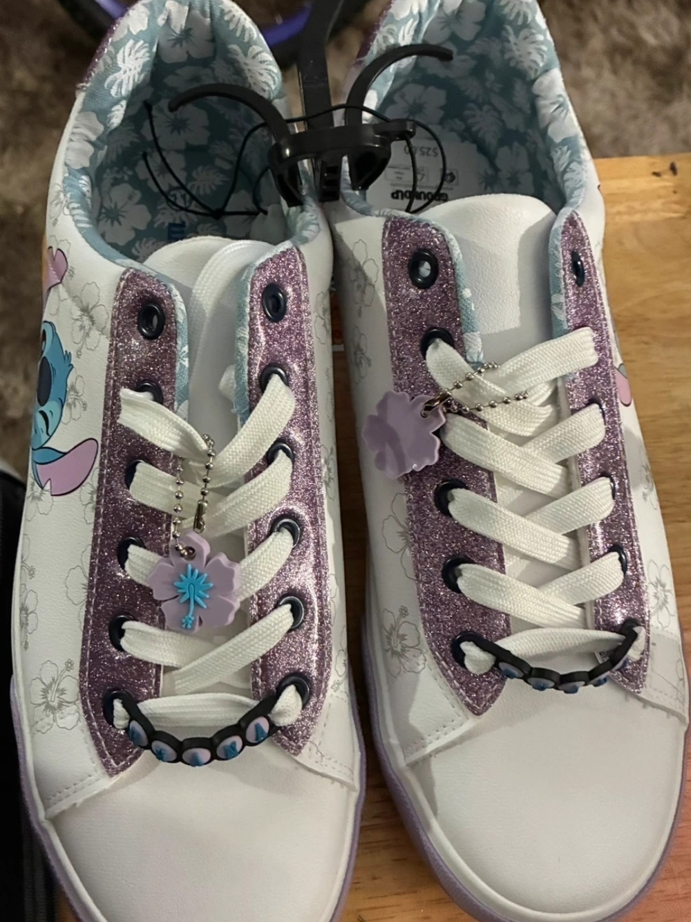 White Sneakers with Purple Glitter Accents
